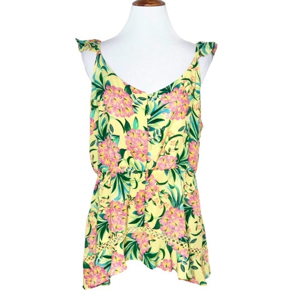 SOLD-Farm Rio Tropical Floral Ruffled Embroidered Peplum Yellow Pink Sleeveless - Picture 2 of 14